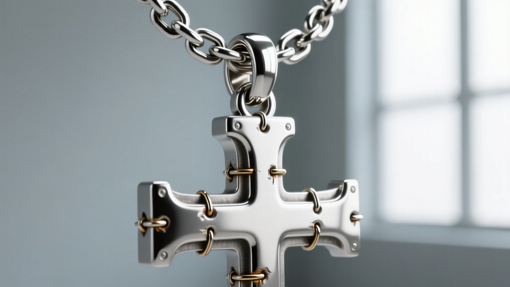 Macro shot of a reinforced soldered bail on a giant silver cross necklace, showing a thick jump ring on a heavy curb chain.