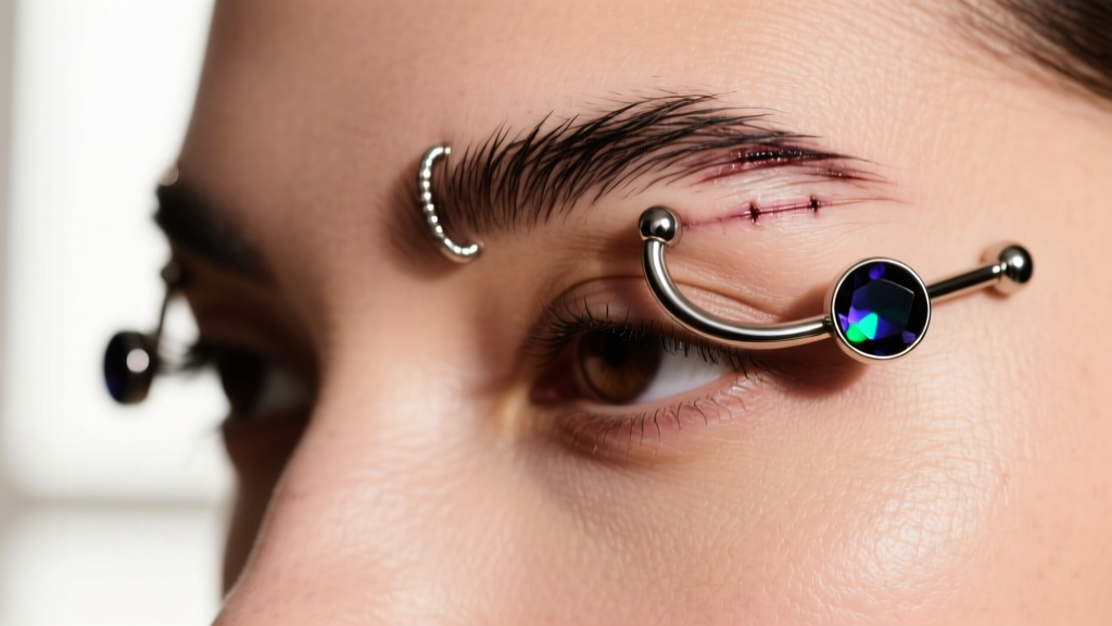 Close-up of a healed double eyebrow piercing with two 14-gauge titanium curved barbells and black opal ends in soft studio lighting.