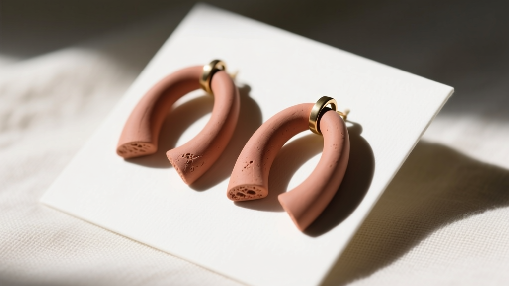 Close-up of matte polymer clay arch earrings on a linen display card, highlighting the smooth, hand-sanded edges of baked clay