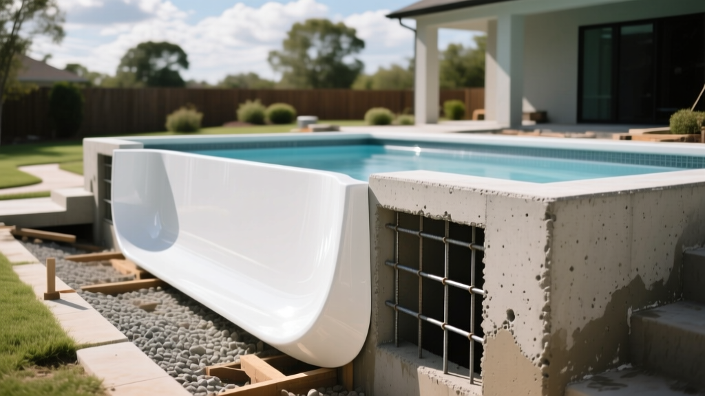 Smooth white fiberglass pool shell next to a steel-rebar-reinforced gunite concrete pool structure during backyard installation