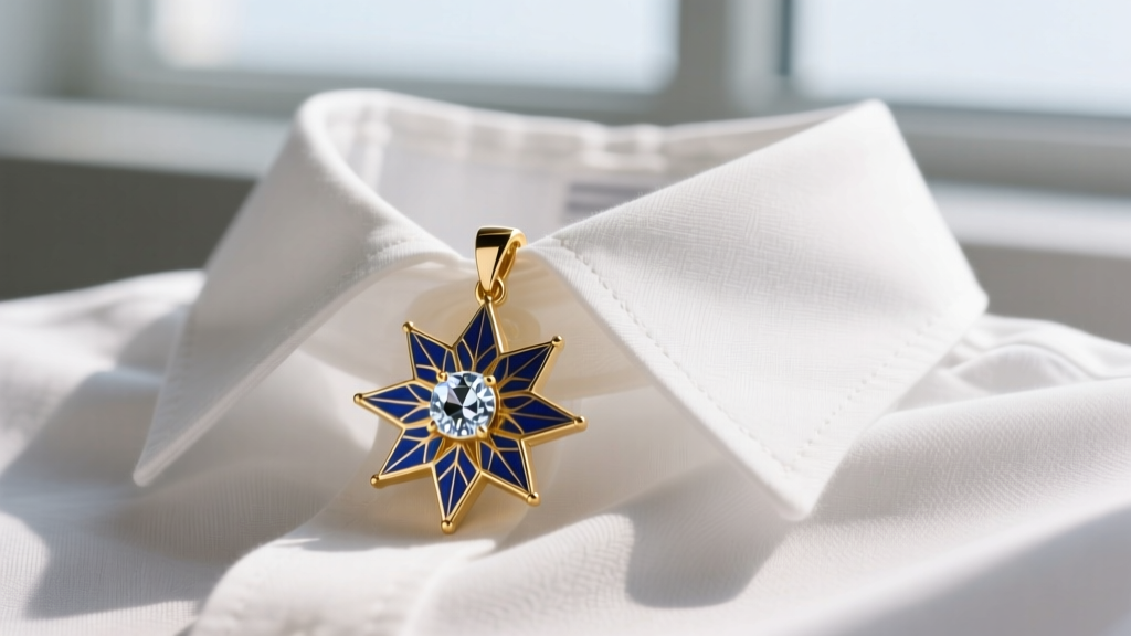 14k gold starburst pendant with blue guilloché enamel and central spinel, resting elegantly on a crisp white linen shirt collar.