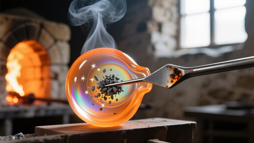 Macro shot of a tungsten pick folding gray cremation ashes into molten clear borosilicate glass near a glowing orange kiln.
