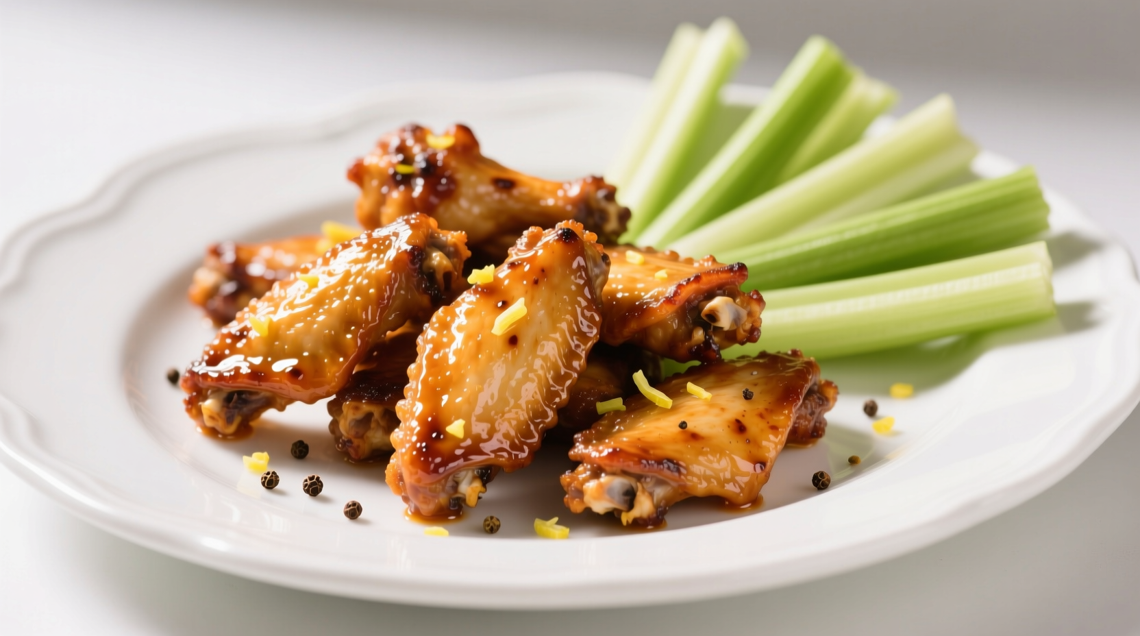 Crispy golden buffalo wings on white plate with celery sticks