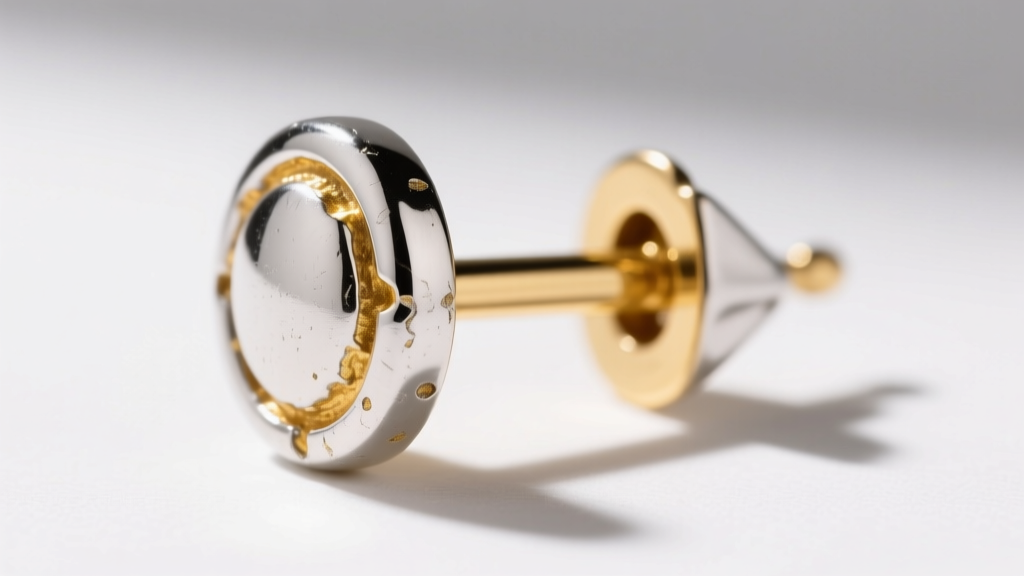 Close-up of a white gold earring post showing worn rhodium plating and exposed yellow gold alloy near a friction butterfly back.