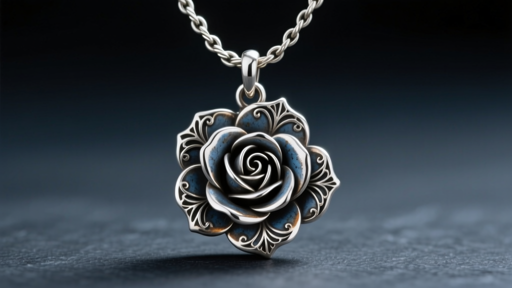 Oxidized sterling silver rose charm with intricate petal textures on an 18-inch cable chain against a dark slate background.