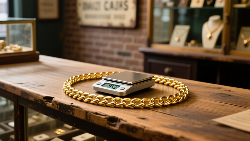 Digital scale weighing a 14k gold Cuban chain, showing 45.2 grams on a wooden pawn shop counter under warm, focused lighting.