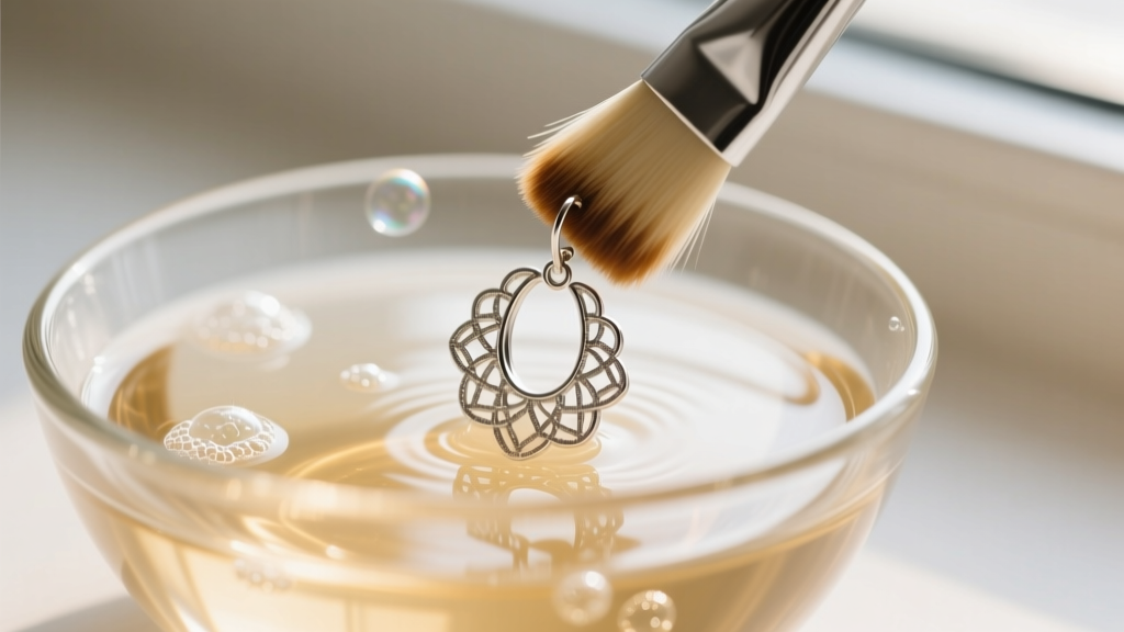 Macro shot of a soft brush gently scrubbing a silver filigree statement earring in a shallow glass bowl of warm soapy water.