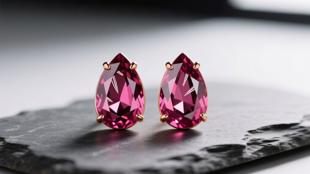 Macro view of rubellite drop earrings in 18k rose gold on slate, highlighting deep crimson-pink color and natural needle inclusions.