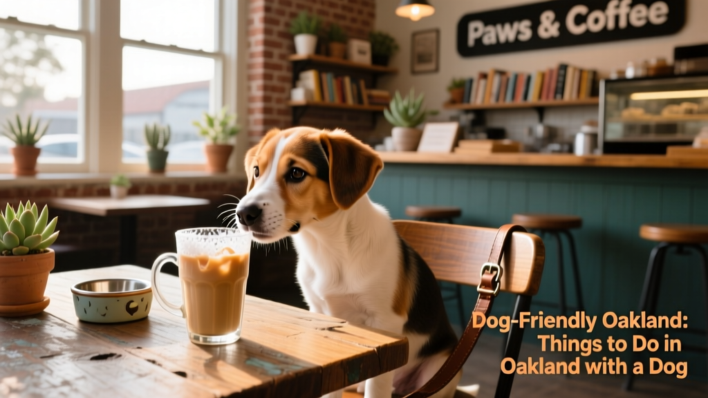A happy puppy sniffing an iced latte on a sunny café table at a dog-friendly Oakland coffee shop