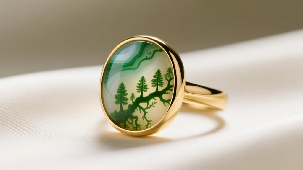 Macro shot of an 18k gold bezel moss agate ring showing green dendritic inclusions on cream silk under soft studio lighting.