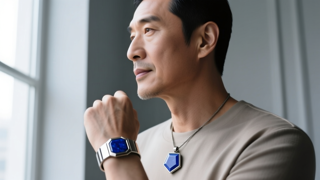 Side profile of a man wearing a 4mm Grade 23 titanium beveled band and a minimalist geometric lapis lazuli pendant necklace