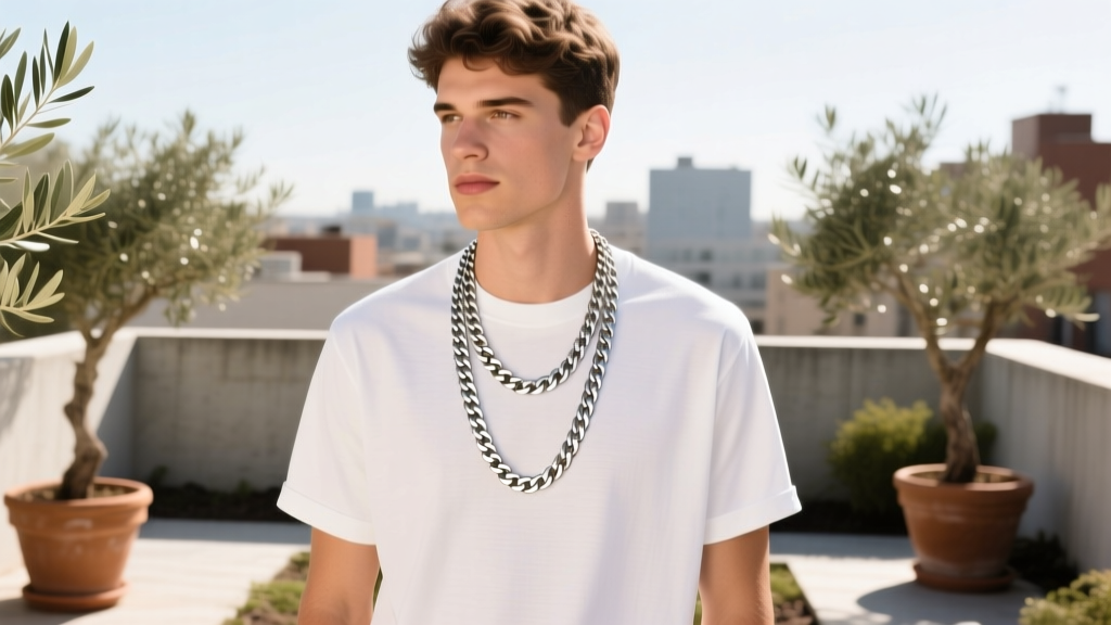 Stylish man in a white crewneck t-shirt layering a 20-inch box chain with a 24-inch figaro chain in natural outdoor daylight
