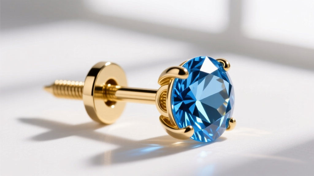 Macro shot of a 20-gauge gold-plated earring post with a secure screw-back clutch, next to a brilliant blue ice cut gemstone