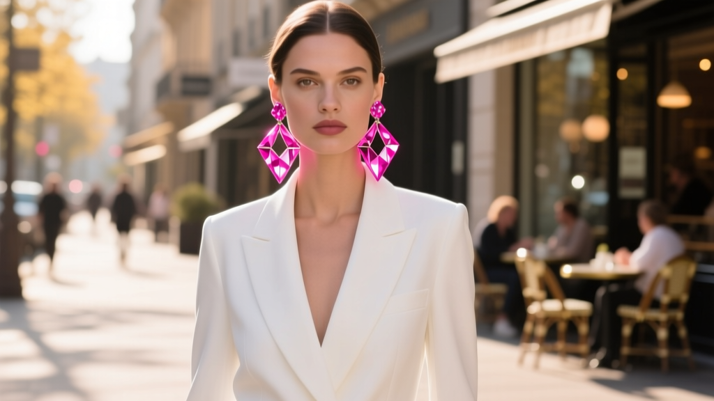 Street style shot of a woman in a tailored white blazer wearing bright pink geometric chandelier earrings, blurred background.