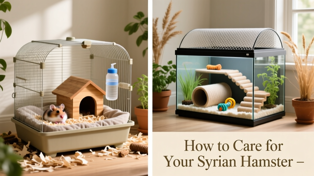 Side-by-side comparison of two safe Syrian hamster habitats: one wire-top cage with deep bedding and a solid base, and one aquarium-style setup with a secure mesh lid and layered enrichment