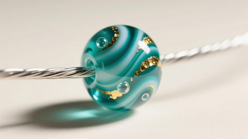 Macro shot of a teal Murano glass candy bead with gold foil inclusions strung on a nylon-coated stainless steel beading wire