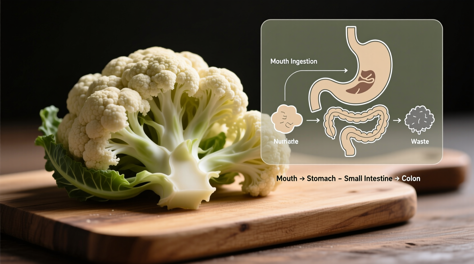 Cauliflower florets on cutting board with digestive process diagram