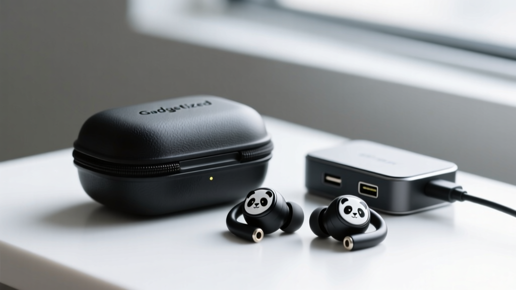 Close-up of Gadgetized Panda translation earbuds next to a USB-C dock, highlighting their ultra-compact matte travel case.