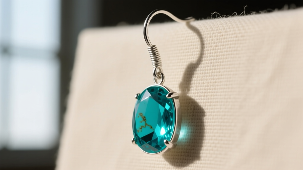 Detailed view of an 18-gauge work-hardened sterling silver French hook wire supporting a large turquoise dangle earring.