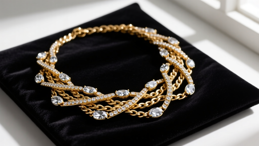 Tangled multi-strand Erickson Beamon necklace featuring gold-plated brass chains and faceted crystals resting on a dark velvet pad