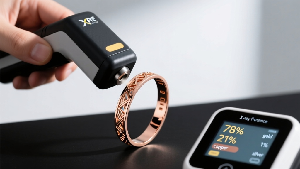 Handheld XRF precious metal analyzer scanning a rose gold bracelet, screen displaying exact elemental composition percentages