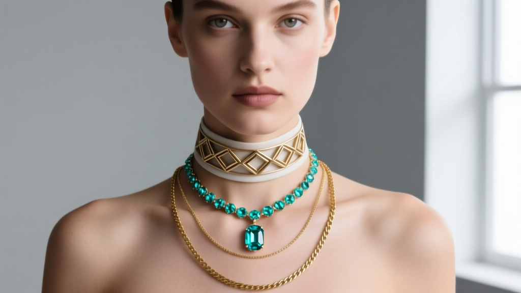 Model wearing a layered stack featuring a 14-inch choker, an 18-inch JoJo aqua necklace, and a 24-inch plain gold lariat chain.