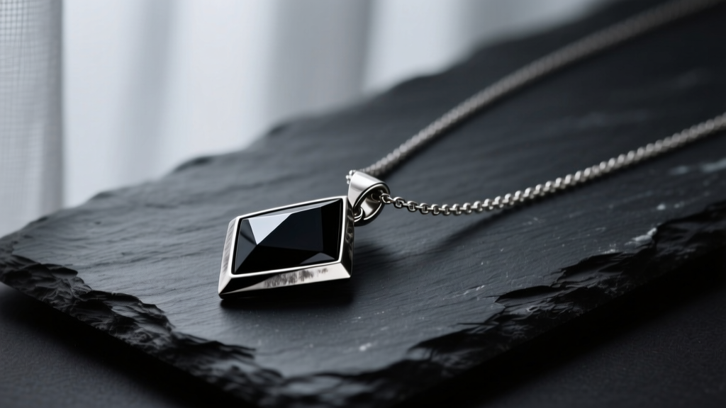 Oxidized sterling silver black necklace with a geometric onyx pendant resting on dark slate under soft, moody studio lighting.