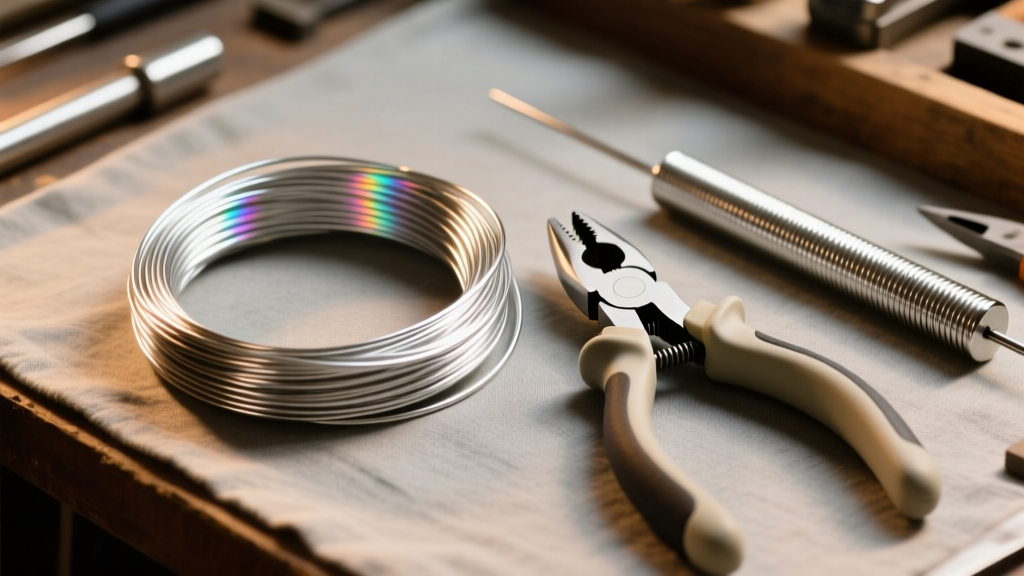 Top-down view of a workbench with coiled argentium silver wire, nylon jaw pliers, and a steel mandrel under warm lighting.