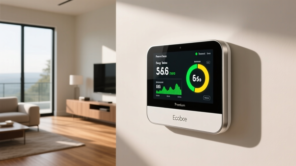 Ecobee Smart Thermostat Premium mounted on a modern living room wall displaying current energy savings metrics and indoor air quality