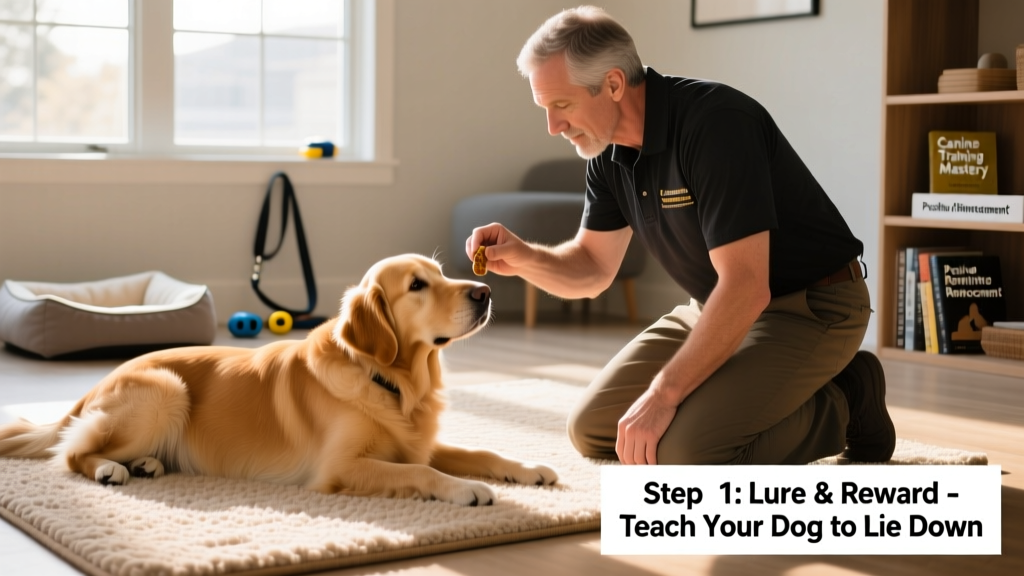 Trainer kneeling beside a calm dog on a soft mat, holding a treat near the dog's nose