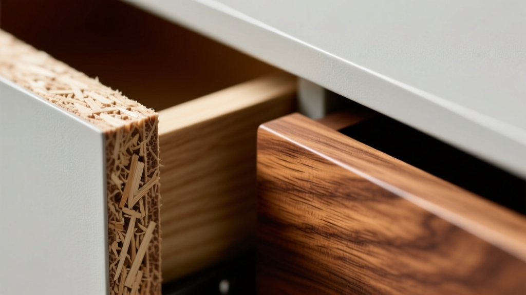 Macro shot of MDF wood jewelry drawer edge showing fibrous core next to a smooth solid walnut drawer edge for material comparison.