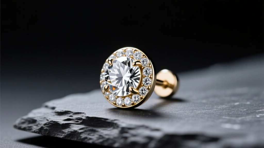 Macro photo of a bezel-set diamond earrings stud in 14k white gold resting on dark slate with soft, moody directional lighting
