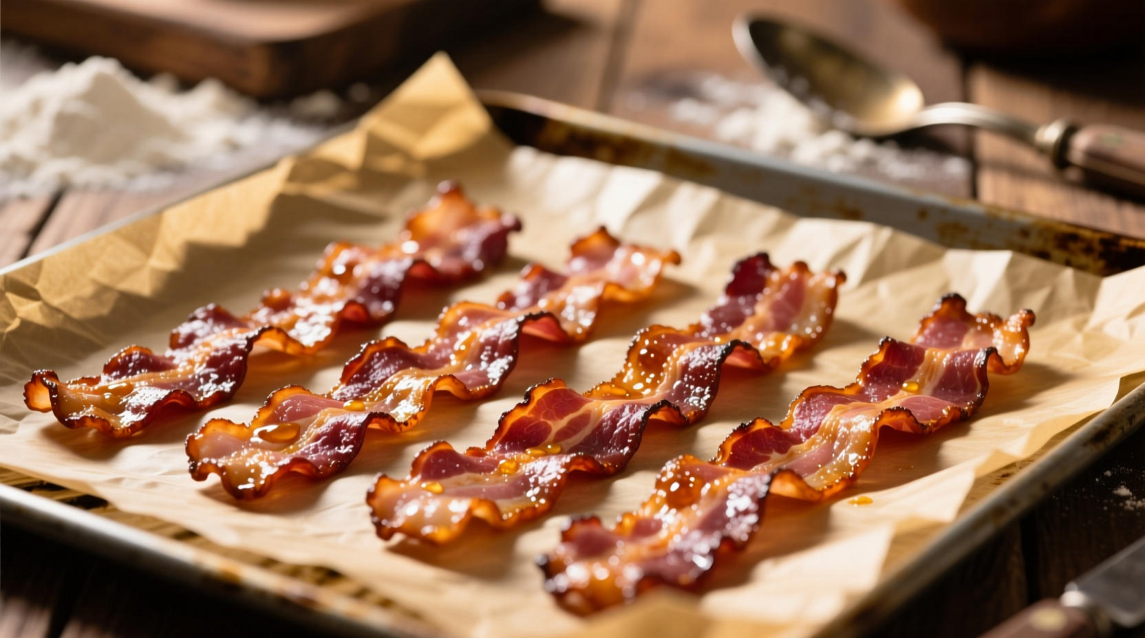 Bacon strips arranged on parchment-lined baking sheet