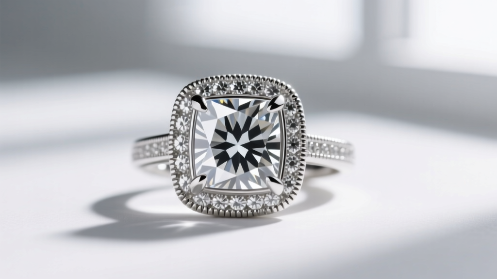 Macro shot of an Old European Cut diamond in a platinum bezel with millegrain edging, showing the small table and prominent culet