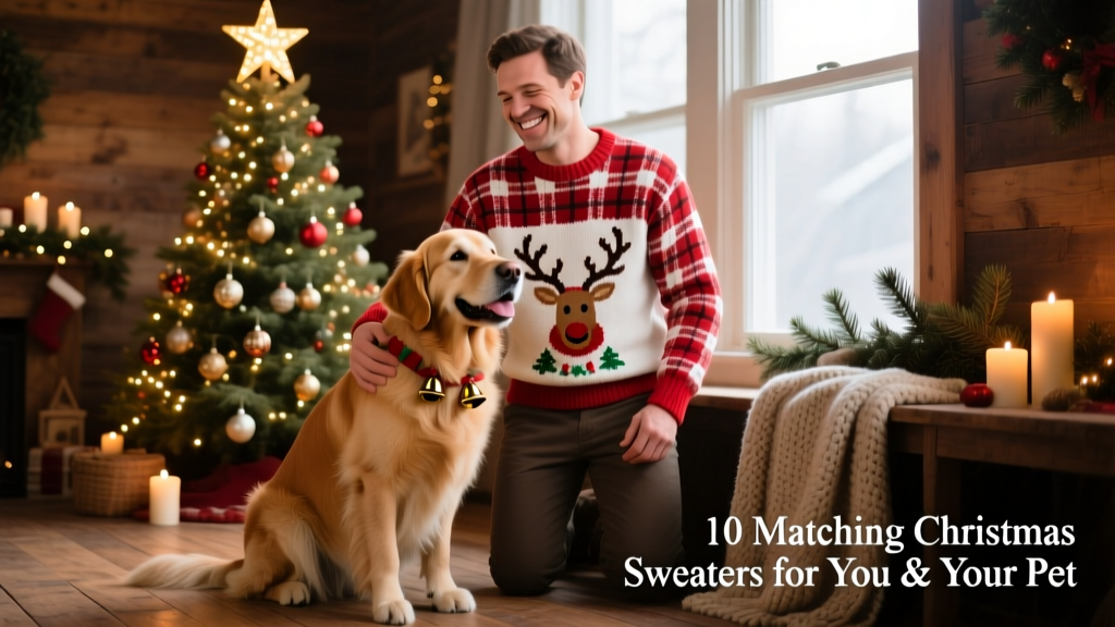 A smiling human parent and their golden retriever both wearing festive Santa-themed sweaters, standing near a decorated Christmas tree