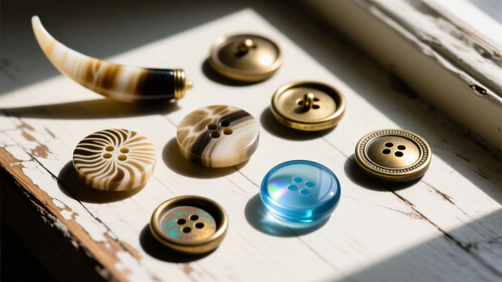 Overhead flat lay of antique buttons including carved horn, brass shank, and blue Bristol glass on a weathered wooden surface.