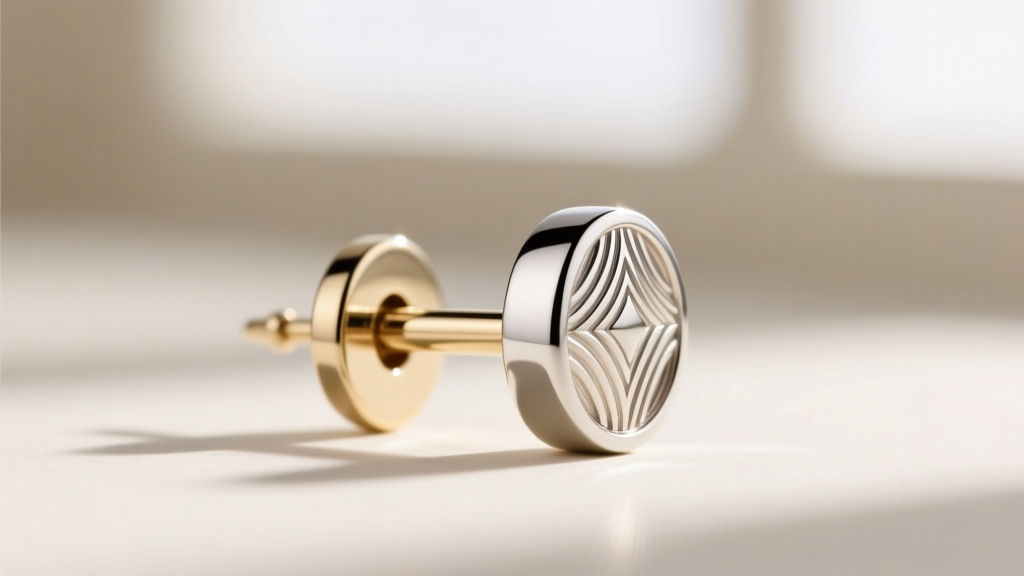 Close-up of a 14k white gold earring post and friction back, showing the bright rhodium plating and precision machined grooves