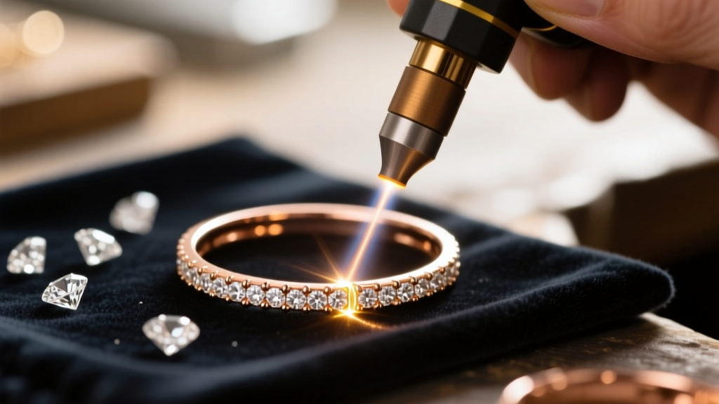 Jeweler workbench showing a laser welder repairing a complex 18k rose gold eternity band shank featuring scattered pave diamonds.