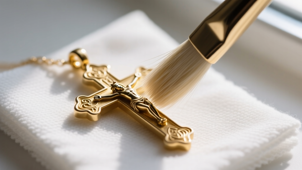 A soft horsehair brush gently cleaning the intricate crevices of a gold vermeil pardon crucifix pendant over a microfiber cloth.