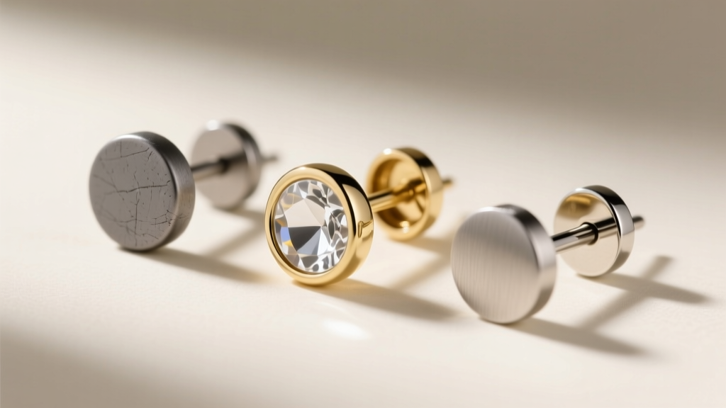 Macro photography of three distinct earring posts: dull grey niobium, polished 14k palladium white gold, and matte titanium alloy.