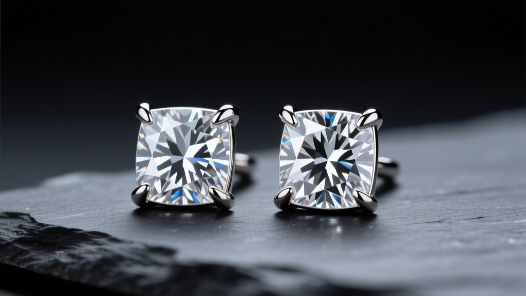 Macro shot of princess cut diamond square earrings in platinum with V-prongs, resting on dark slate under studio lighting.