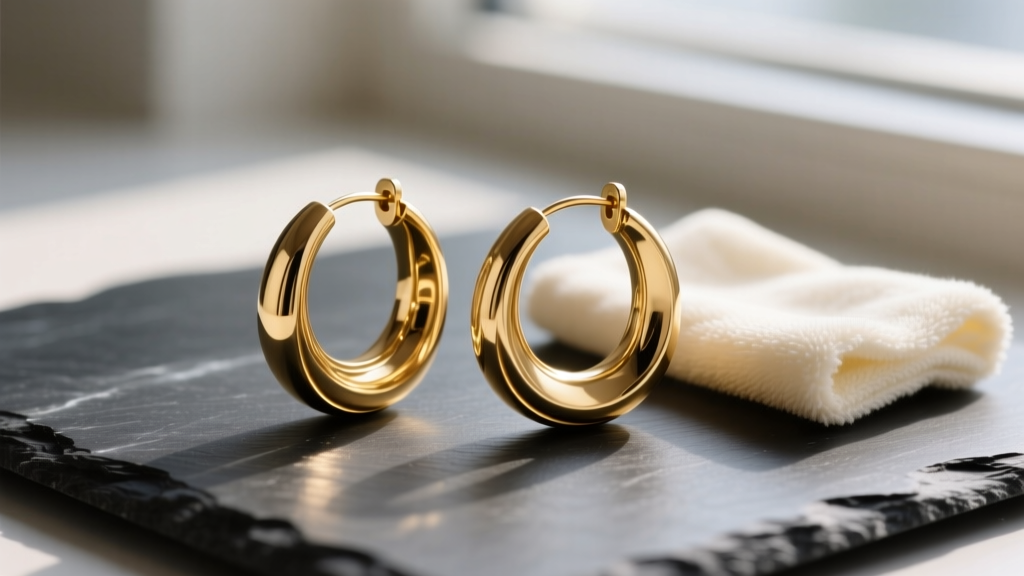 Close-up of sculptural gold-plated brass hoop earrings resting on a dark slate surface next to a soft microfiber polishing cloth.