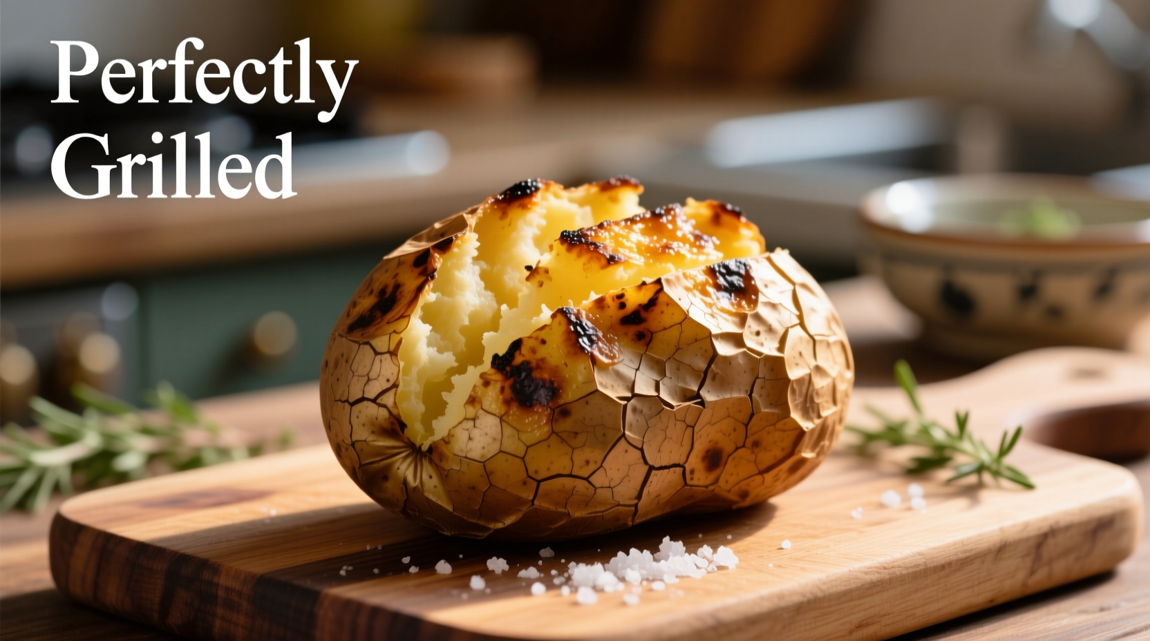 Perfectly grilled baked potato with crispy skin