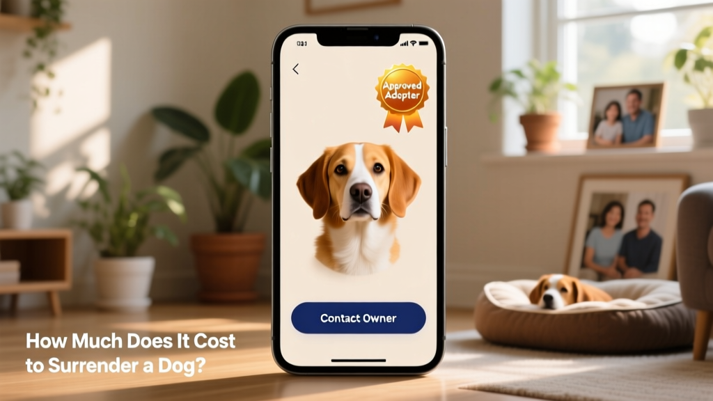 A clean, modern mobile app interface showing a dog's profile with 'Approved Adopter' badge and contact button