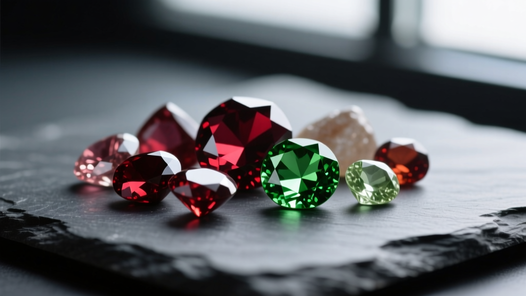Macro shot of loose garnets ranging from deep red Almandine to vivid green Demantoid, resting on a dark textured slate surface.