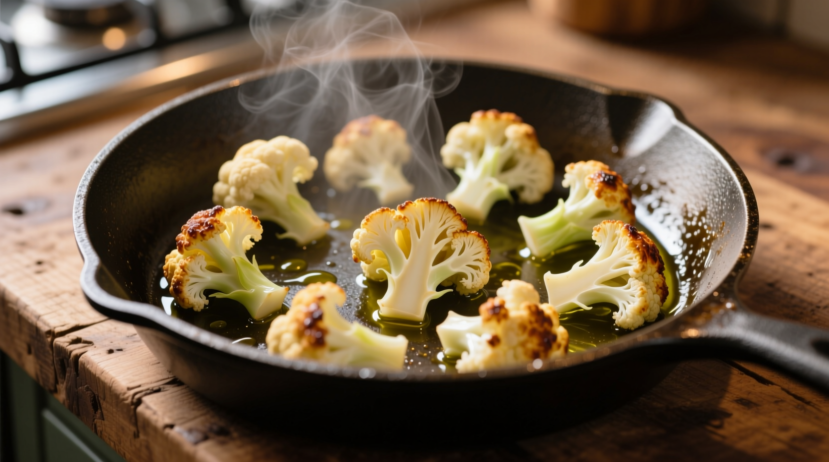 Fresh cauliflower florets in a skillet