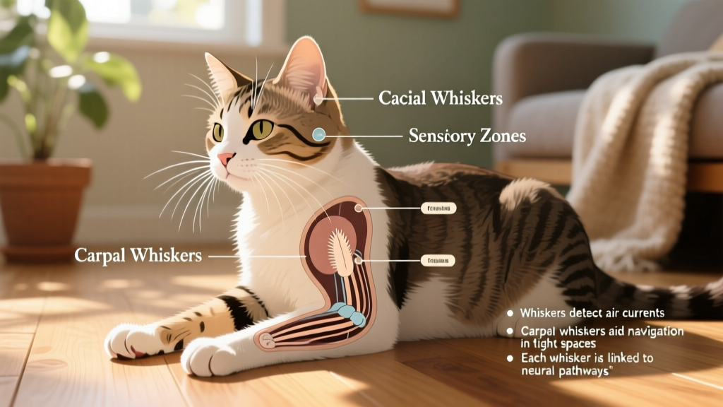 Illustrated diagram labeling carpal whiskers, facial whiskers, and other key sensory areas on a cat’s body