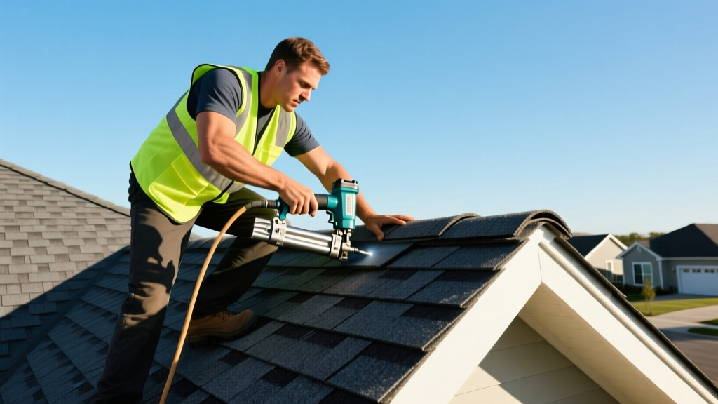 Roofer in a high-visibility vest installing dark gray architectural asphalt shingles on a steeply pitched residential roof using a pneumatic nail gun