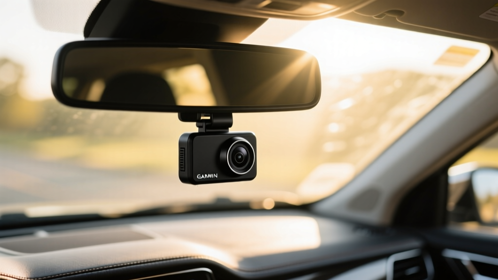 Close-up of a tiny matte-black Garmin dash cam mounted flush behind a car rearview mirror against a bright sunny windshield