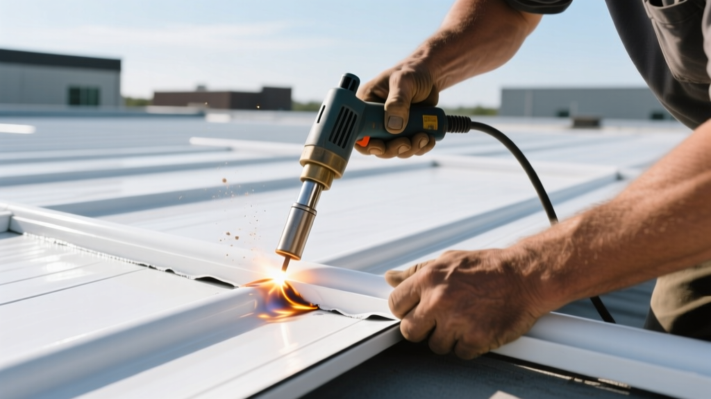 Close-up of a roofer using a hot-air welder to fuse white PVC vinyl roofing membrane seams on a commercial flat roof deck